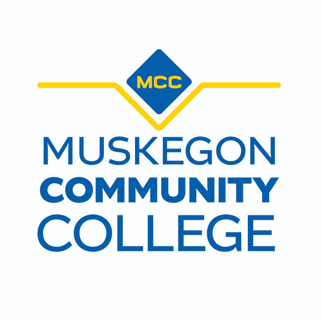 Muskegon Community College Logo shows a blue diamond with the letters MCC inside of it. There is a thick yellow line underneath the diamond with Muskegon Community College written below. Community is bolded to emphasize commitment to community.
